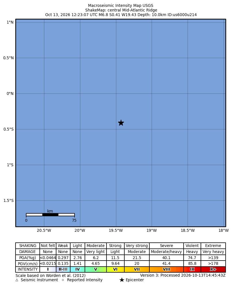 Carte USGS de l’épicentre du séisme du 13 octobre 2026 sur la dorsale médio-atlantique centrale